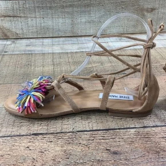 Steve Madden Swizzle Leather Gladiator Sandals Womens 7 Suede Lace Up Fringe Toe - Picture 3 of 11